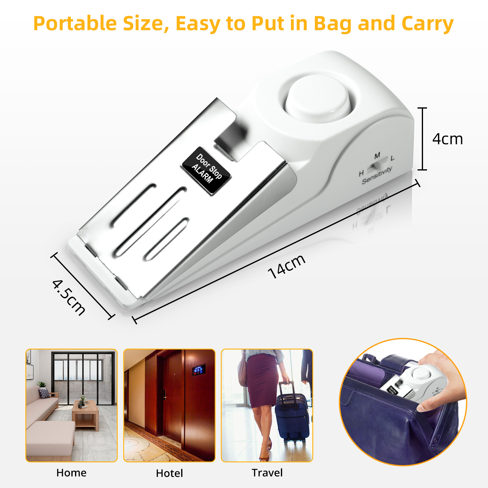 Alarme d'arrêt de porte avec sirène 120dB, butoir de porte portable, alarme de sécurité pour la maison et l'hôtel, 3 niveaux de sensibilité au recyclage, cale de porte, 2 pièces