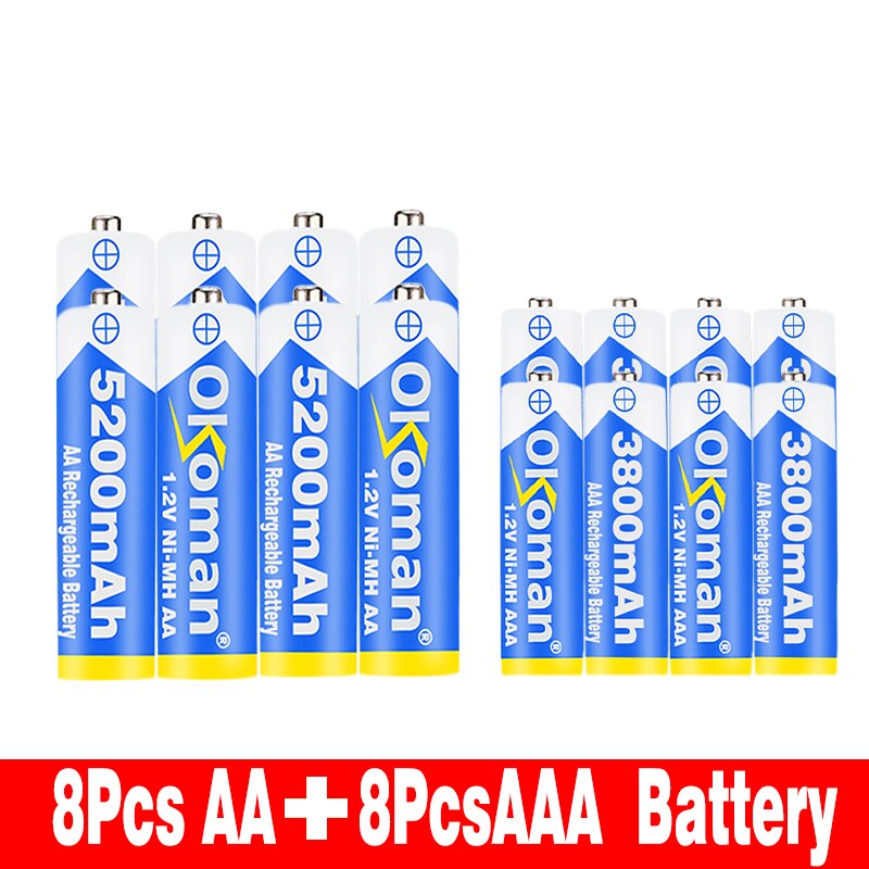 Okoman High capacity 5200mAh NI MH AA Rechargeable Batteries+AAA battery 3800 mAh Rechageable battery NI-MH 1.2 V AAA battery: Red