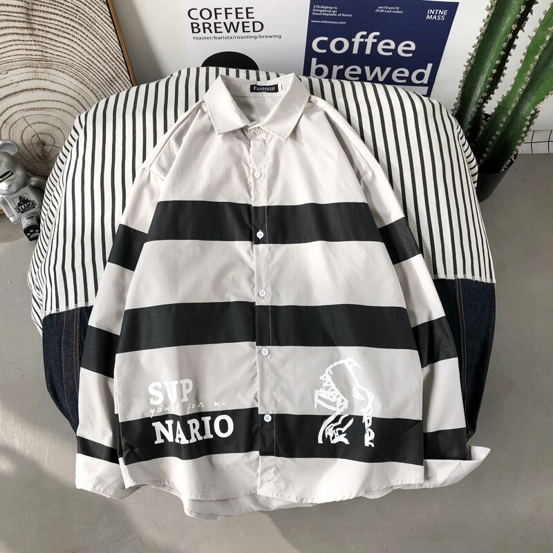 Casual skjorter herre pink langærmet stribet bluse stor størrelse herreskjorte vintagetøj streetwear baggy koreansk stil tøj