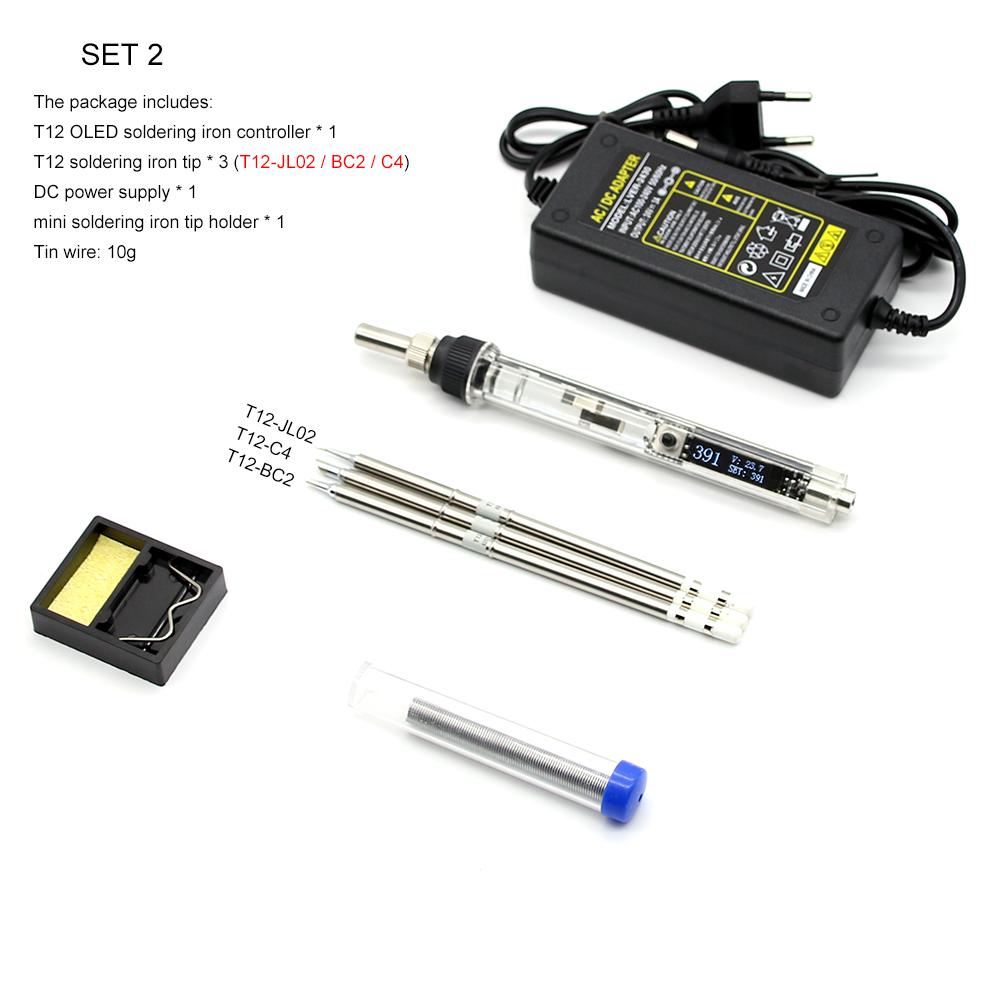 T12 OLED Electric Soldering Iron Adjustable Temperature Digital Display Soldering Iron With T12 Tips DC 12-24V Power Supply: With 3 T12 TIPS / US