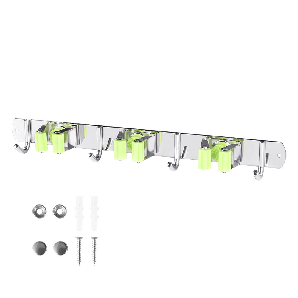 Broom Mop Holder Wall Mount Organizer Stainless Steel Heavy Duty Tools Hanger 3 Racks 4 Hooks Kitchen Bathroom Closet Garage