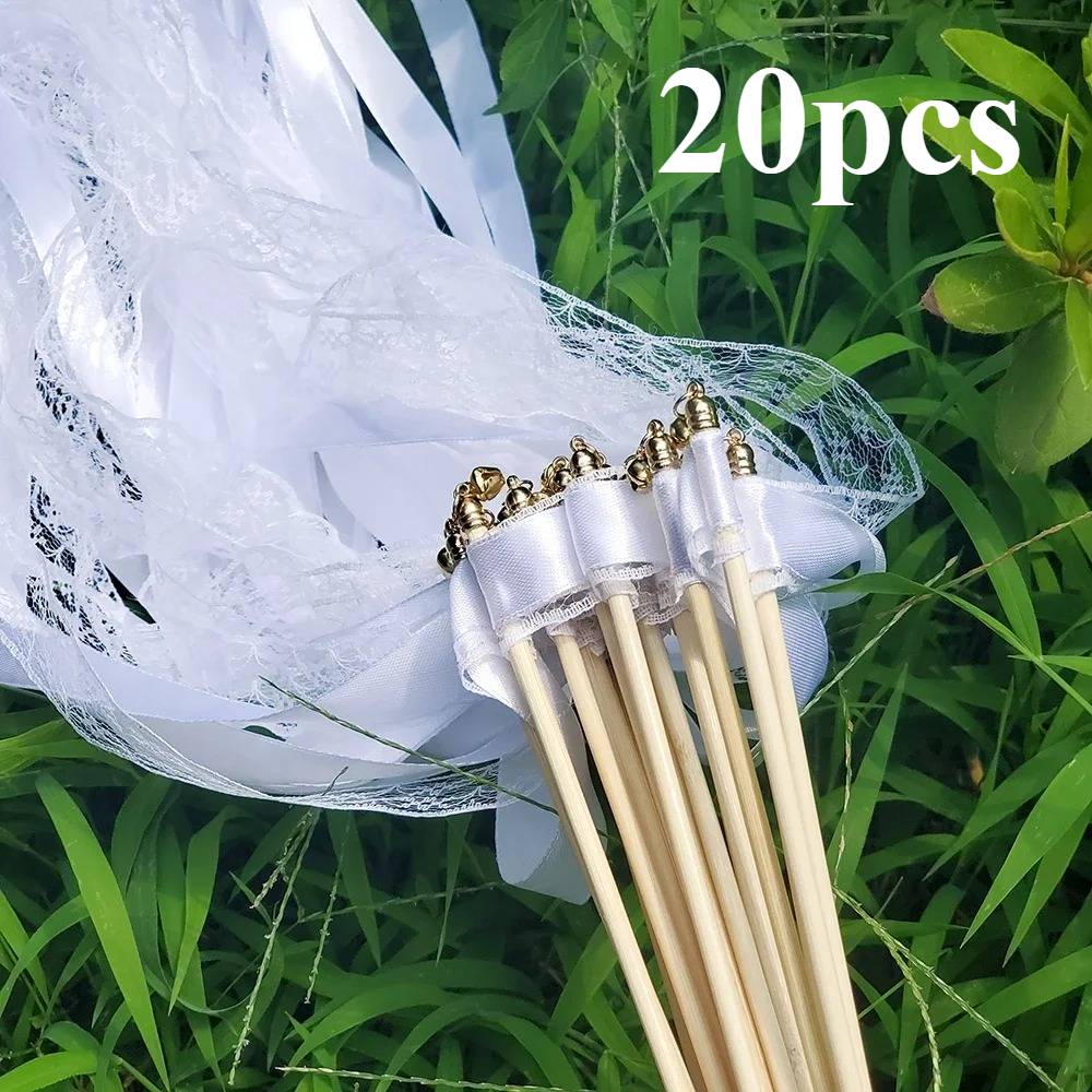 White Ribbon Wands Fairy Sticks Wedding Twirling Lace Streamers With Golden Silver Bell Party Cheering Prop Favor for wedding