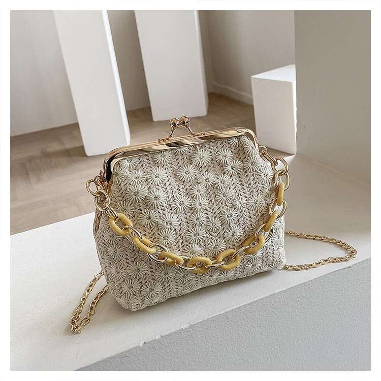 Zomer Stro Geweven Shell Tas Bloem Borduren Vrouwen Tassen Avond Schouder Crossbody Tas Vrouwen Reistas