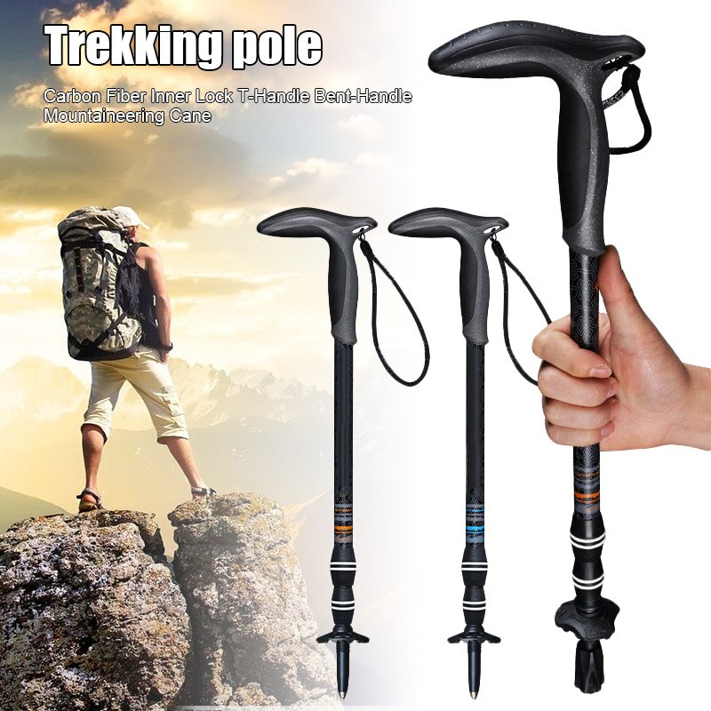 Carbon Fiber Internal Lock T Curved Handle Trekking Pole Walking Outdoor Walking Stick XD88