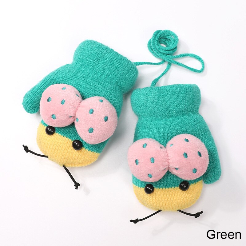 REAKIDS Cute Cartoon Children Gloves 2-5 Years Old Winter Knit Baby Mittens Velvet Thick Children Kids Keep Finger Warm: green