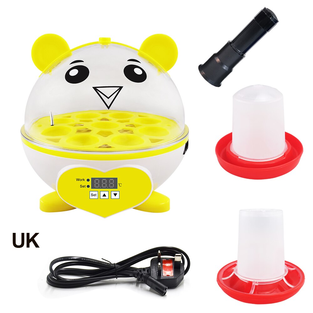 Cute Mini 9 Eggs Incubator Sets Incubation Brooder Egg Tester Chicken Duck Quail Birds Animal Egg Incubator Feeders: UK PLUG-YELLOW