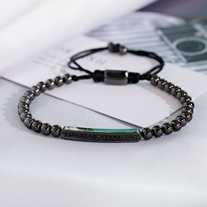 Luxe lange pavé geweven armband met cz zirkonia voor heren en dames, bedelarmband van koperen kralen: Zwart