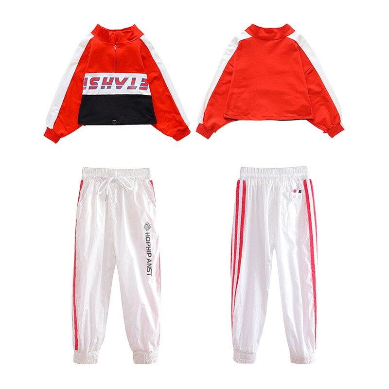 Meisjes Hip Hop Dance Kostuums rode Jas Witte Broek Straat Podium Kleding Kind Dans Jazz Outfits Prestaties Slijtage Koreaanse