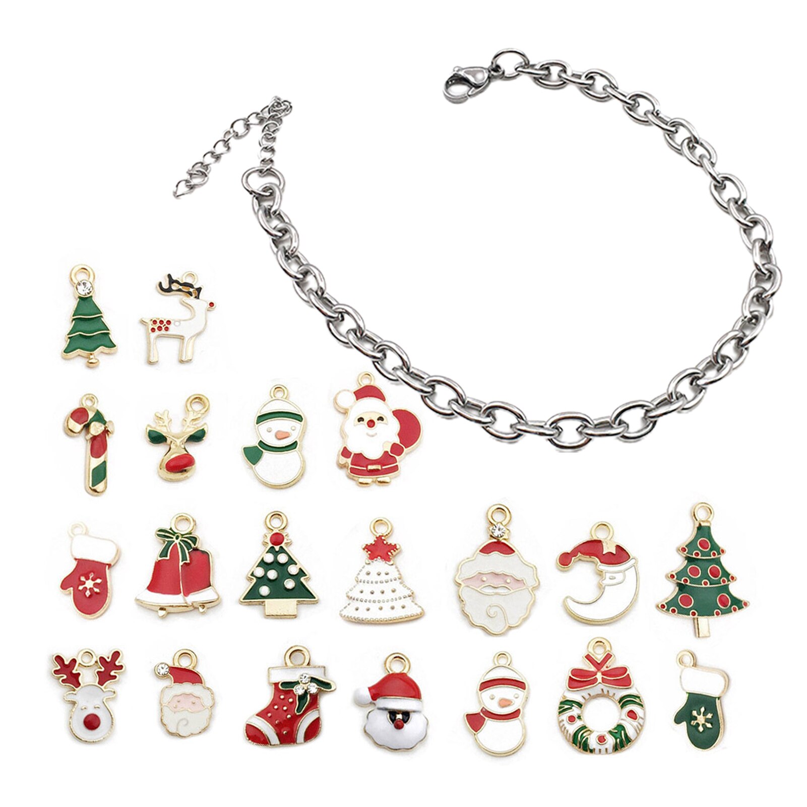 Kerst Countdown Kalender Diy Sieraden Set Diy Armband Met 20Pcs Charm Hanger Kerstbomen, Klokken, Sneeuwvlokken, armband