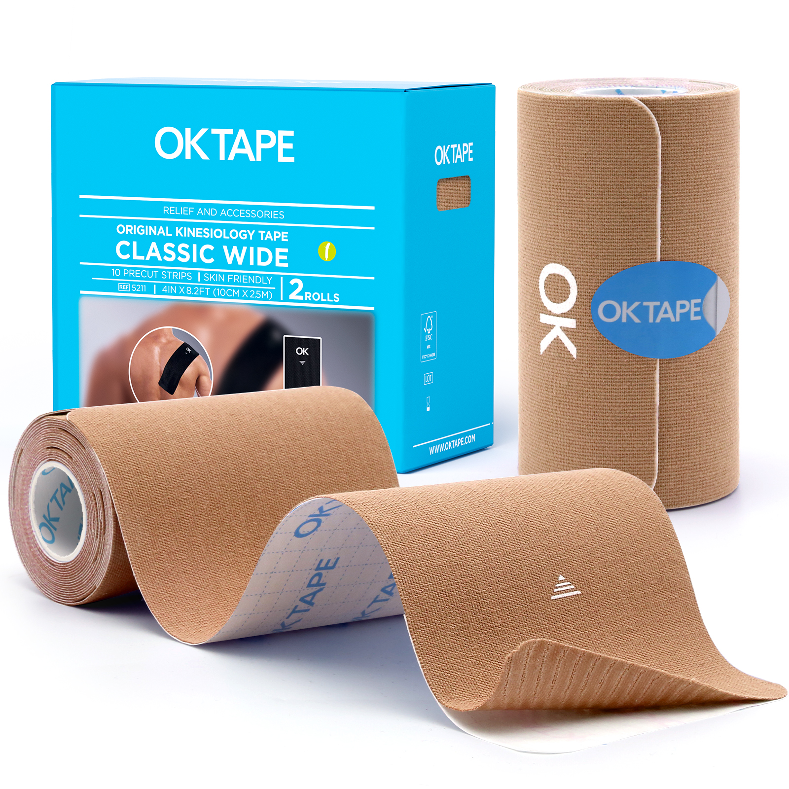 OK TAPE Breites Kinesiologie-Tape, vorgeschnittene K-Tape-Streifen zur Schmerzlinderung und zur Gelenkunterstützung | Rücken, Schulter, Knie (4" x 10" - 20 Stück): Brown