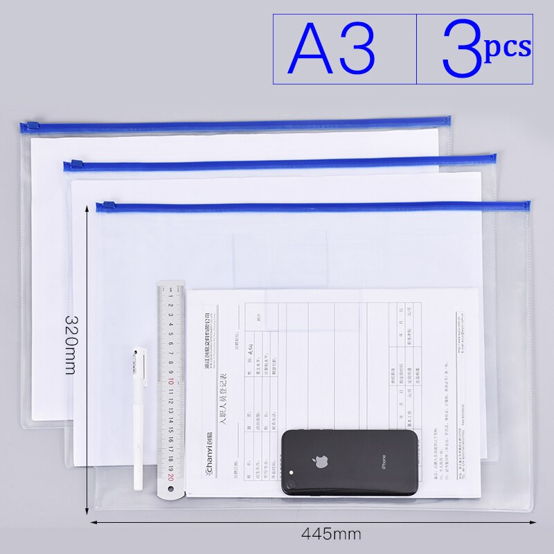 A3 Zipper Pouch Document Bag Waterproof Zip File Folders Artwork Storage School Office Supplies 8k Drawing Paper Storage Bags: transparent  3pcs