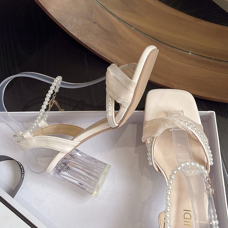 Sandalias de tacón alto con cuentas para mujer, zapatos con punta abierta, tacón medio cuadrado, Color sólido, para verano, 2022
