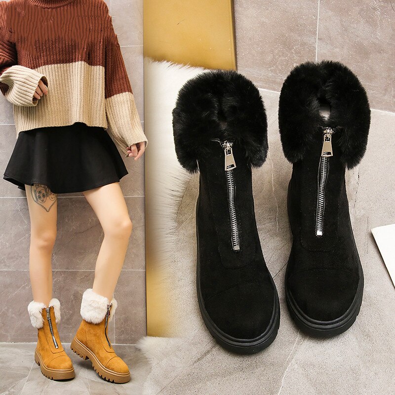 Women Boots Winter Mid Calf Front Zipper Warm Snow Boots Platform Keep with Thick Fur Heels Femme