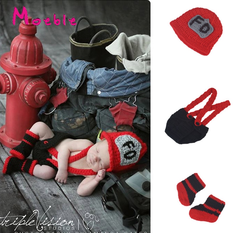 Red Mix Black Baby Firefighter Costume Crochet Baby Fireman Outfits For Photo Infant Baby Boys Crochet Photo Props MZS-16080