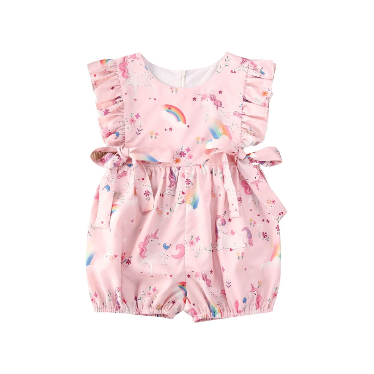 Sommer SchöNe Kleinkind Baby Mädchen Jungen Strampler Karikatur drucken Rüschen Kurzarm Rosa Overall