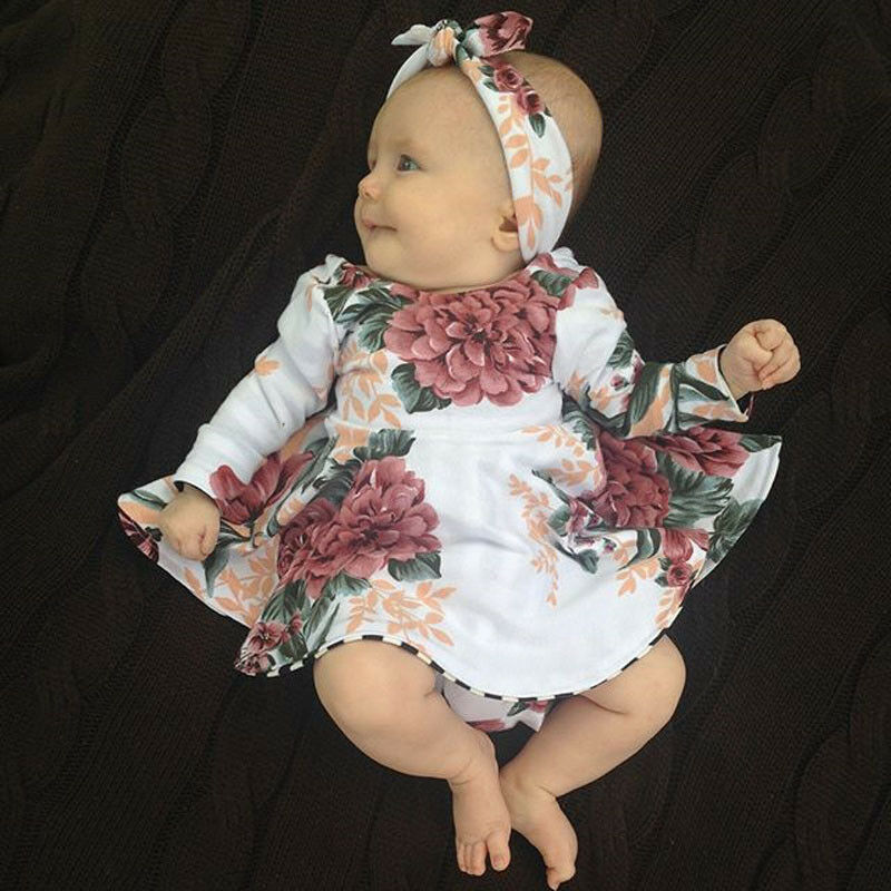 Nyfødte baby baby piger kjole blomster børn langærmet kjole + pandebånd 2 stk tøj sæt tøj til 0-24 måneder