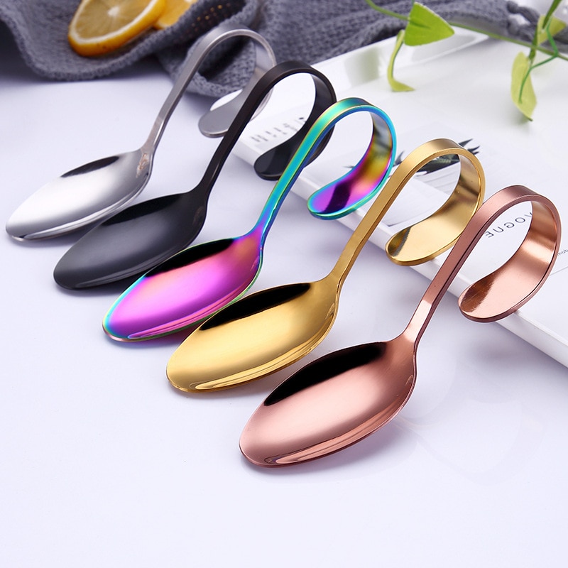 1 Pcs 304 Stainless Steel Hotel Buffet Kitchen Curved Handle Dessert Soup Spoon Cutlery Kitchen Accessories Drinking Tools