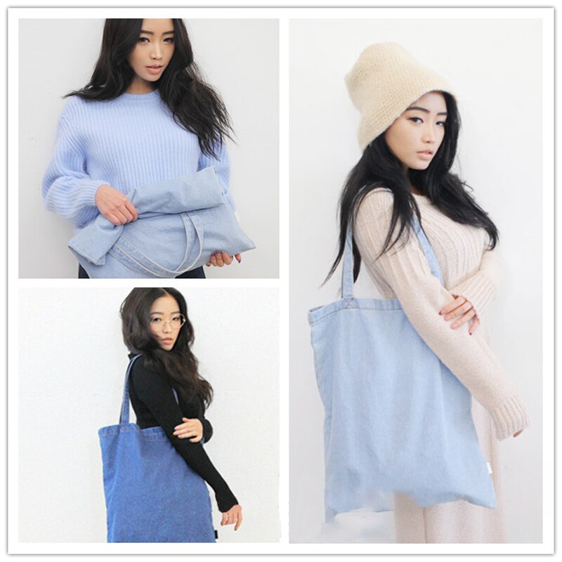 6 teile/los Frauen Einkaufstasche Tote Beutel Einfache Weibliche Große Kapazität Korea Reine Farbe Schulter Denim Schule Tasche