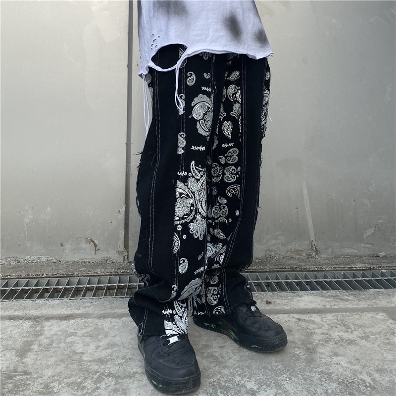 Cashew Print Patchwork Jeans Pants Men and Women Streetwear Straight Washed Harajuku Denim Trousers Loose Ripped Jeans for Men