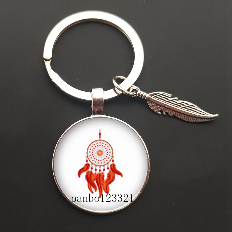 Dream Catcher Tone Key Chain Dream Catcher Feather Round Glass Convex Photo Keychain: 2T16