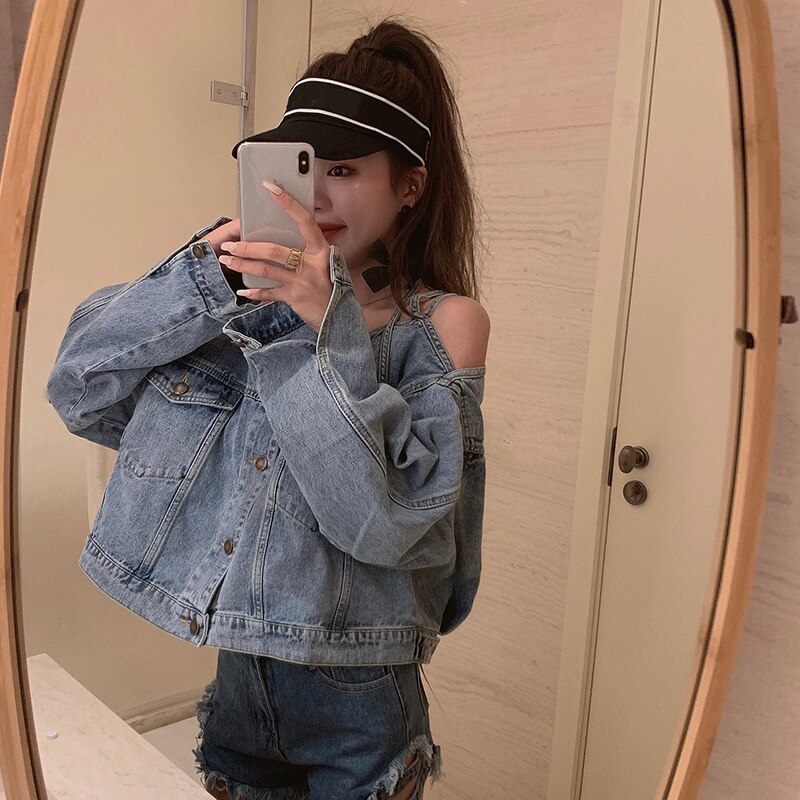 Imucci denim jack dames zomer lente losse koreaanse jurk met lange mouwen strapless kort jasje ins tide