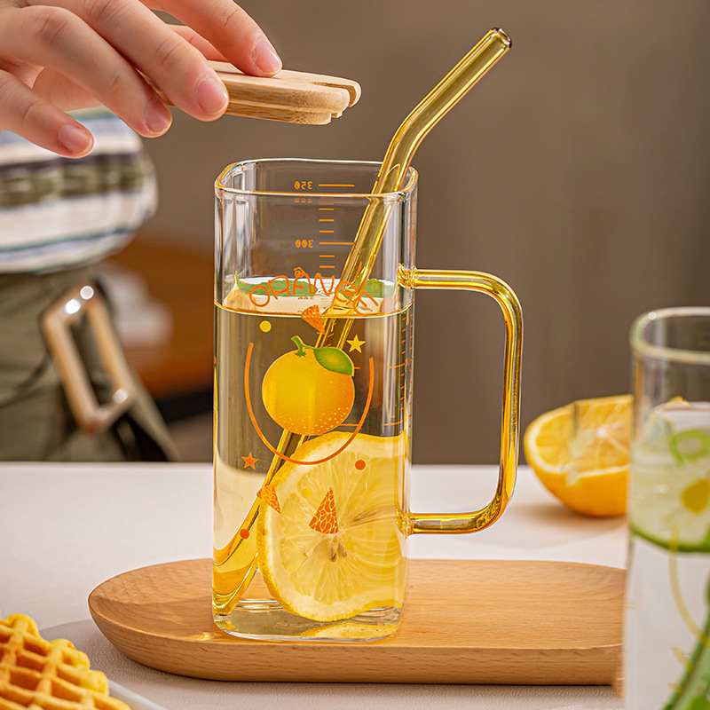Taza de vidrio con pajita y báscula, vaso transparente con tapa y mango para café helado, taza para beber zumo, leche y té, 350ml