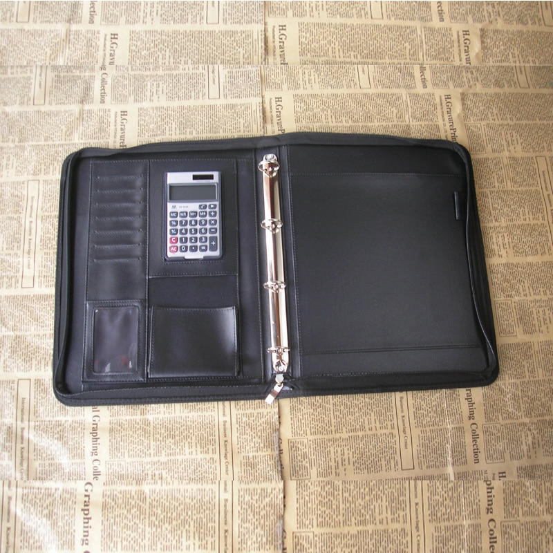 A4 zipper leather portfilio with handle spring binder manager document bag business file folder briefcase file organizer 1260