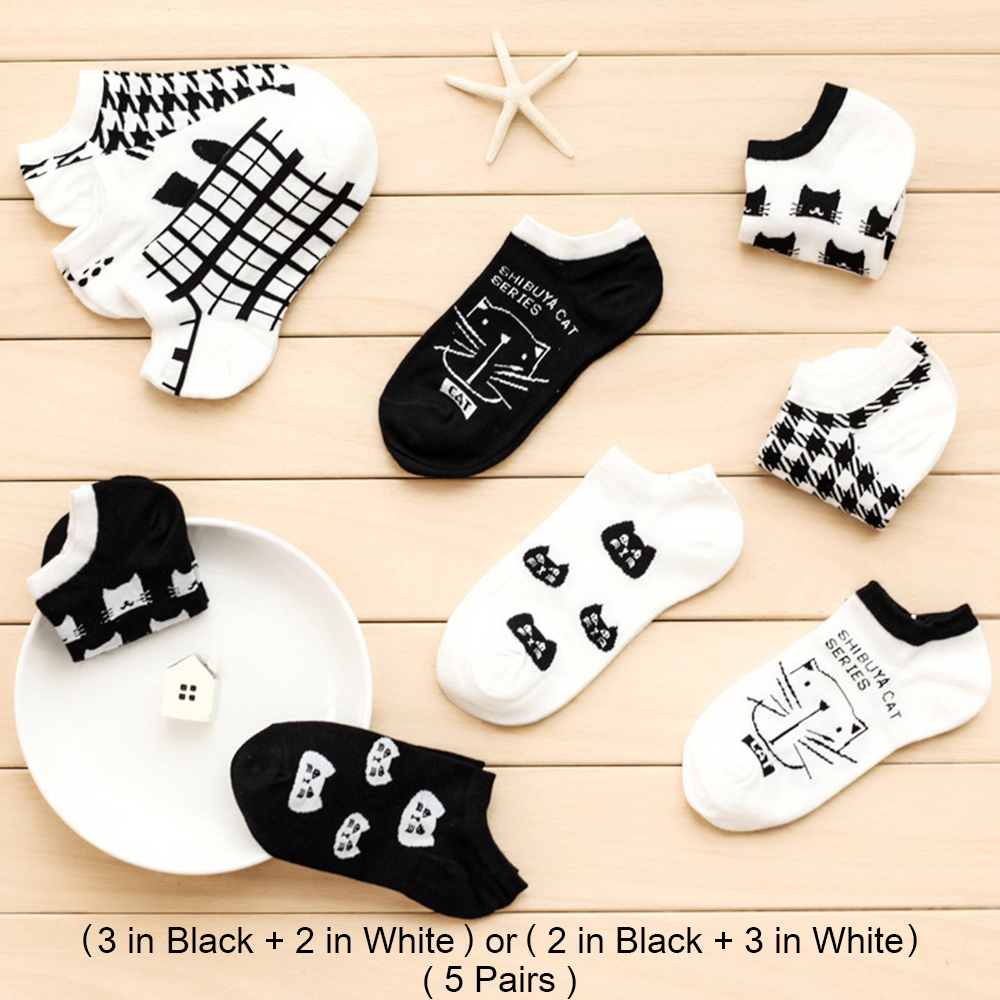 Calcetines tobilleros con de gato para Mujer, medias cortas con dibujos de animales, coreana, Kawaii, informal, 5 pares: Azul marino