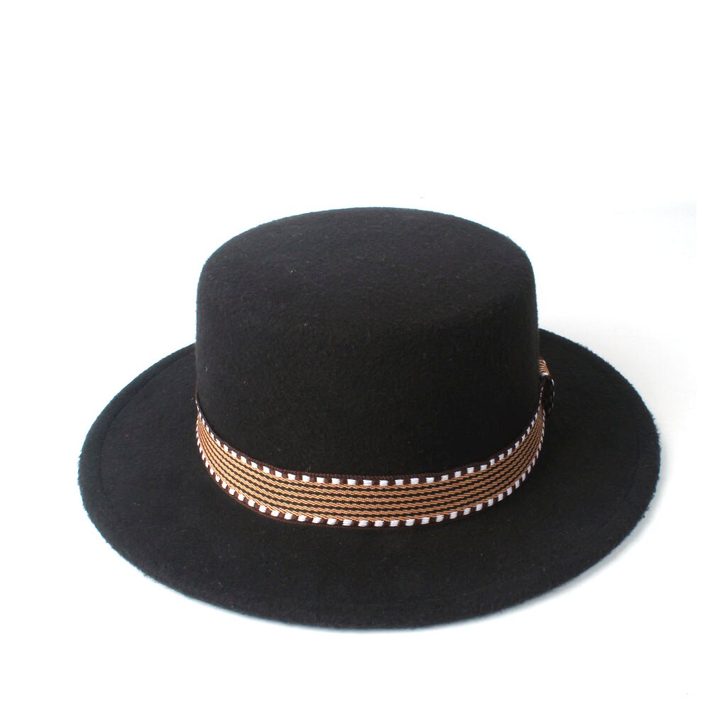 Men Women Flat Fedora Top Hat With Belt Wool Trilby Hat Pork Pie Hat Jazz Hat Size 56-58CM