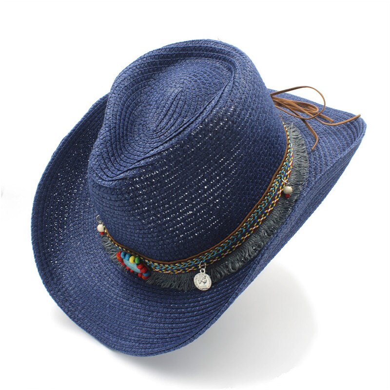 Kvindestøv vestlige cowboyhatte med rullet op bred kant til dame cowgirl jazz hat med kvast sombrero cap sommerstrand solhat: Mørkeblå