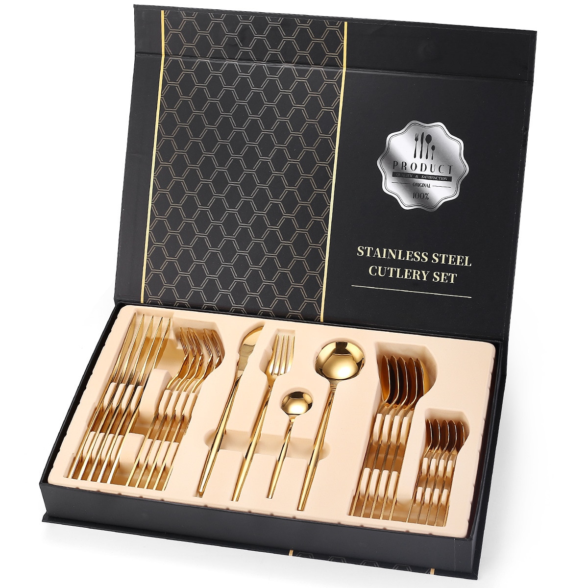 24pcs Gold Dinnerware Set Stainless Steel Mirror Cutlery Set Knife Fork Coffee Spoon Home Tableware Set Upscale Box
