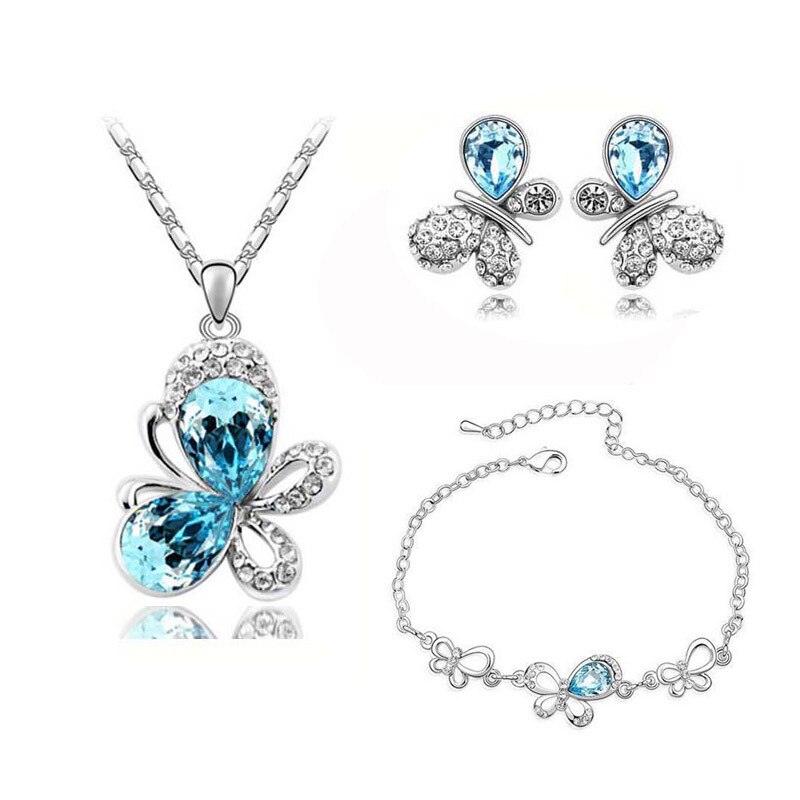Østrigsk krystal sommerfugl vedhæng smykkesæt halskæde øreringe armbånd tilbehør sød romantisk: Oceanblue