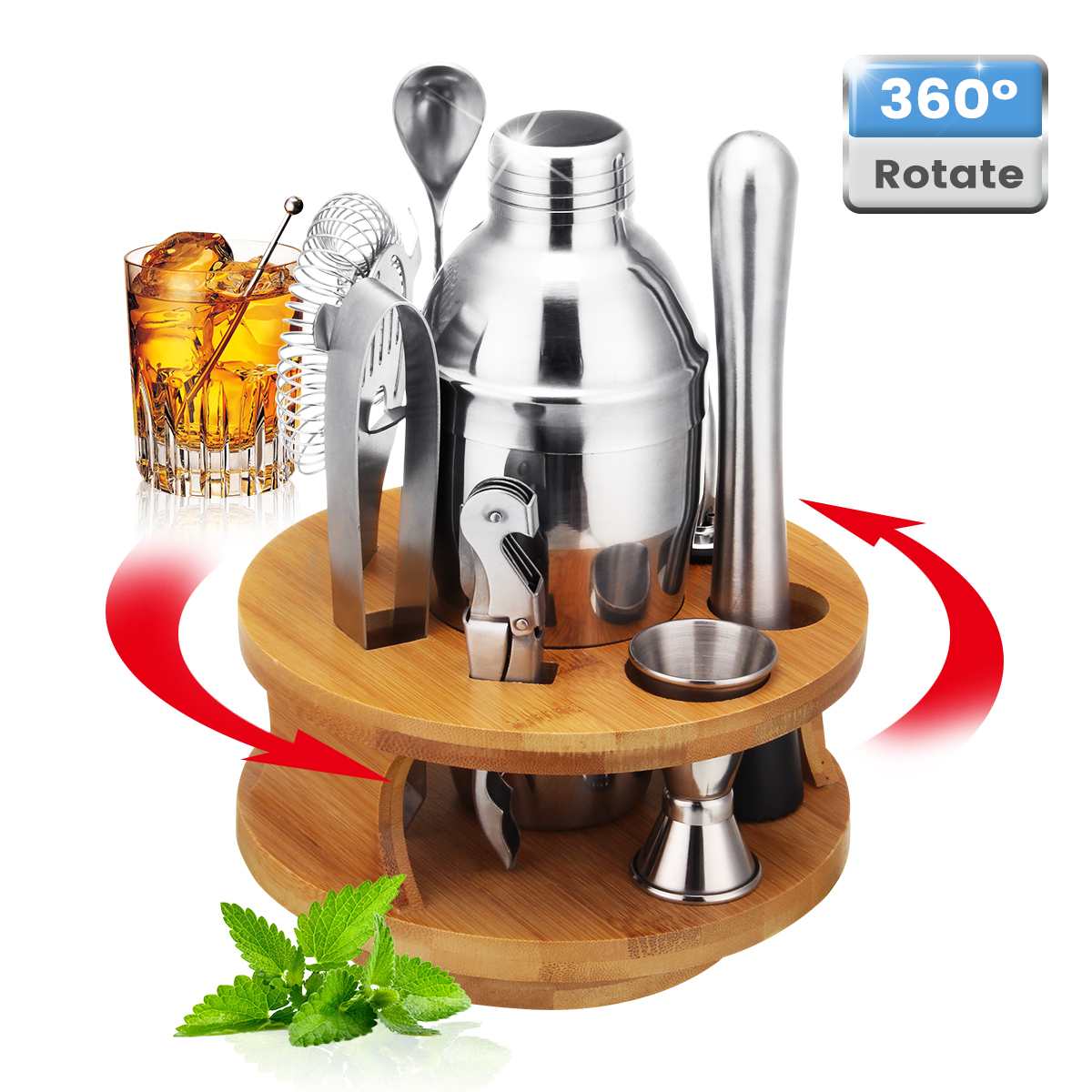 10x Mojito Cocktail Bar Shaker Mixer Maker Muddler Barware Set Stainless Steel Bar Sets Bartender Tools with Bamboo Stand