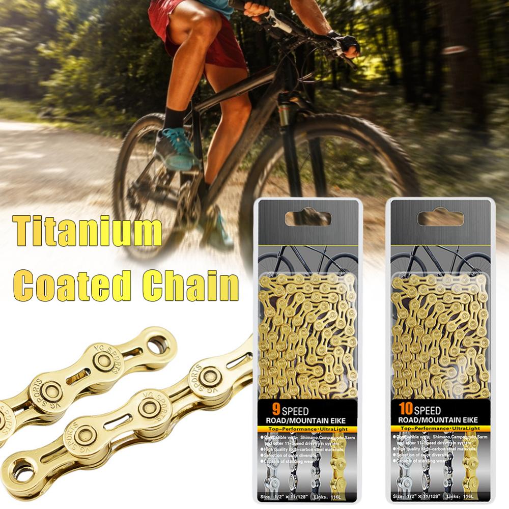 9/10 geschwindigkeit Titan Gold Fahrrad Kette Semi-Hohl Fahrrad Kette Mountain Road Bike Hohl Kette Super Licht 116L Tragen-beständig