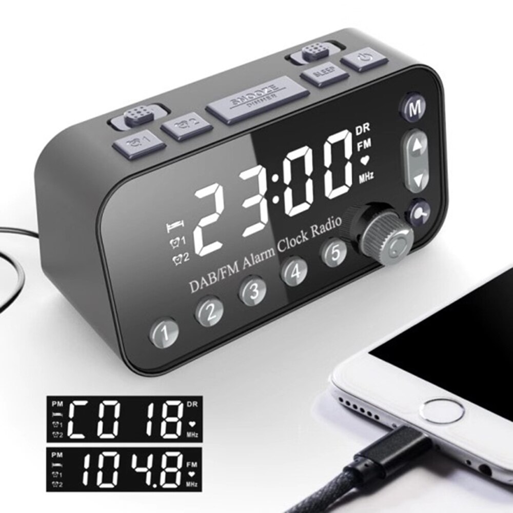 Digital Alarm Clock DAB & FM Alarm Clock Radio, Dual USB Charging Port LCD Display Backlight Volume Brightness Car Styling