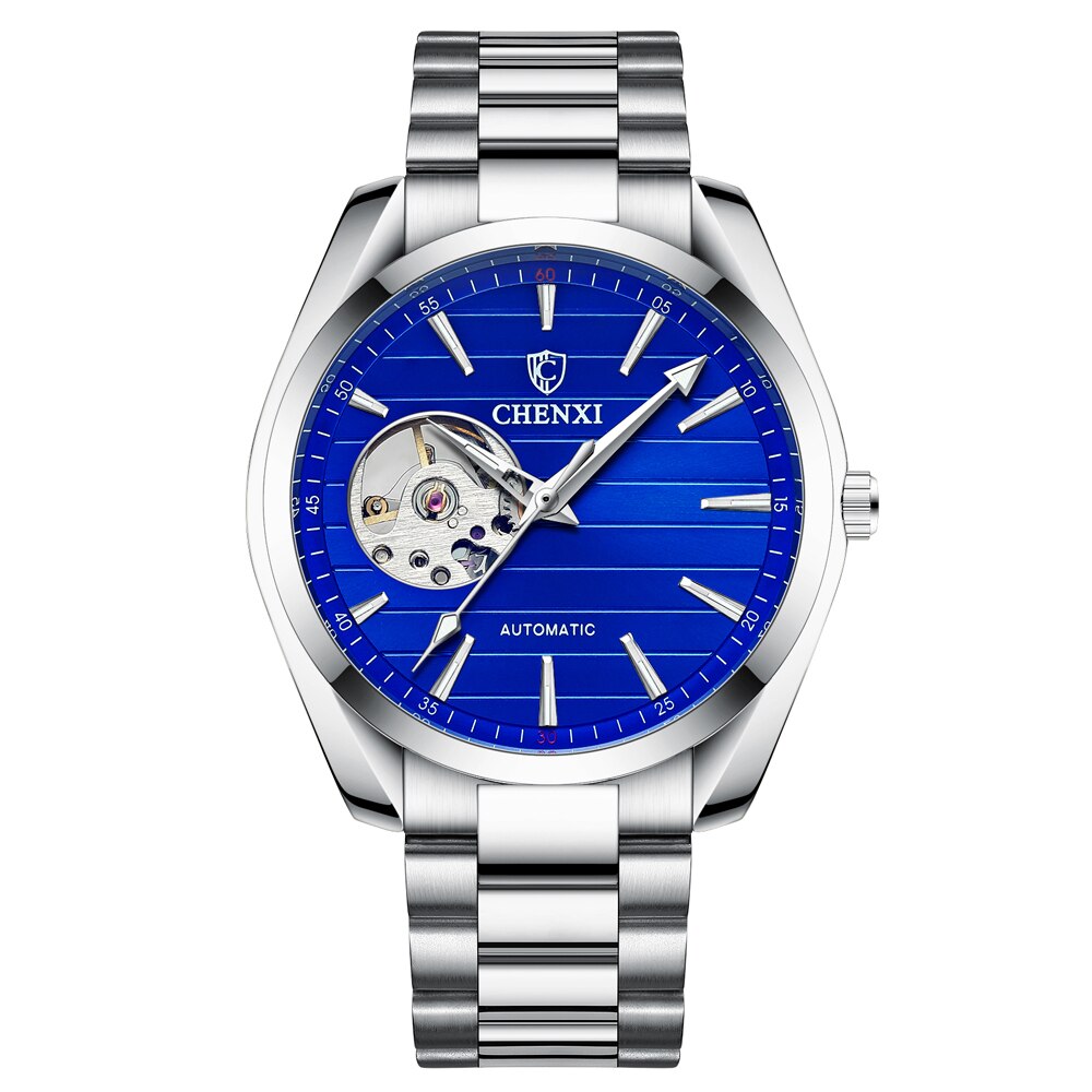 Chenxi Mannen Mechanische Horloge Topmerk Luxe Automatische Horloge Sport Roestvrij Staal Waterdichte Horloge Mannen Relogio Masculino: Silver Blue