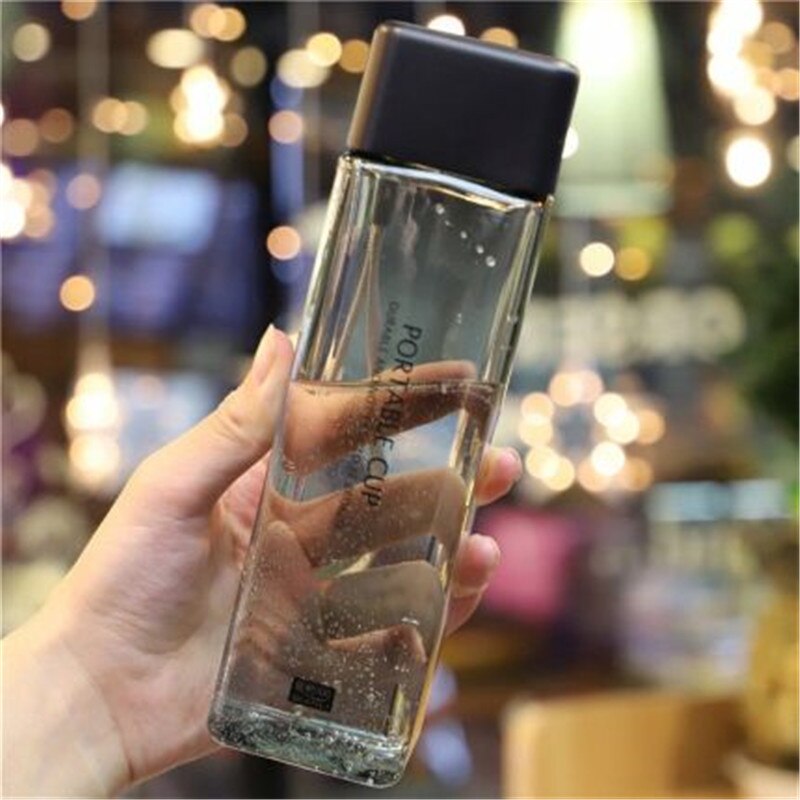 Cute Square Plastic Water Bottles BPA Free Transparent Frosted Outdoor Portable Camping Hiking Tour Drinking Bottle Water: Transparent Black