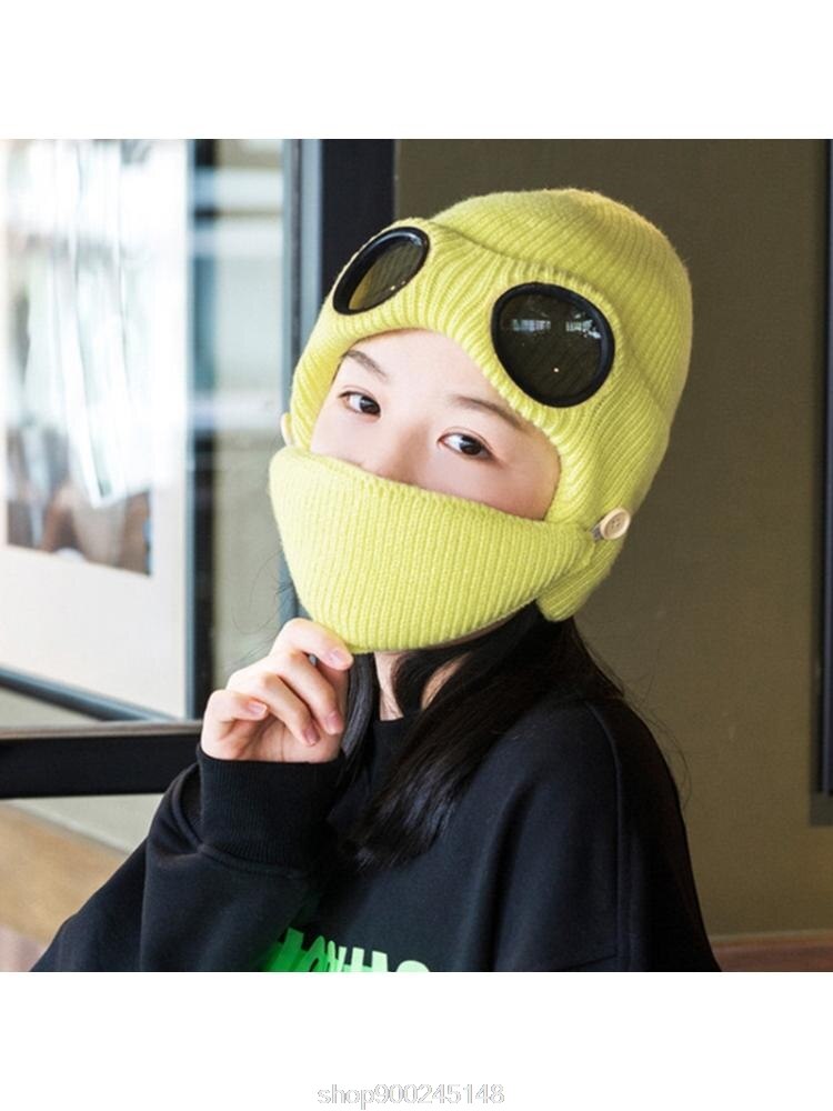 2 In 1 Ribbed Knit Beanie Hat Mouth Mask Set Warm Windproof Snow Cuffed Earflap Cap with Glasses Goggles N03 20