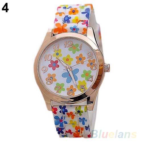 Mode Vrouwen Bloemenprint Silicon Band Arabische Cijfers Wijzerplaat Quartz Horloge Armband