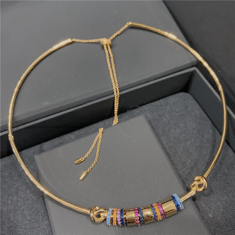 Bunte Zirkon Kragen Halskette Gelb Gold Überzogene Knoten Drehmomente Multi Kreis Moving Runde Choker Für Frauen Party