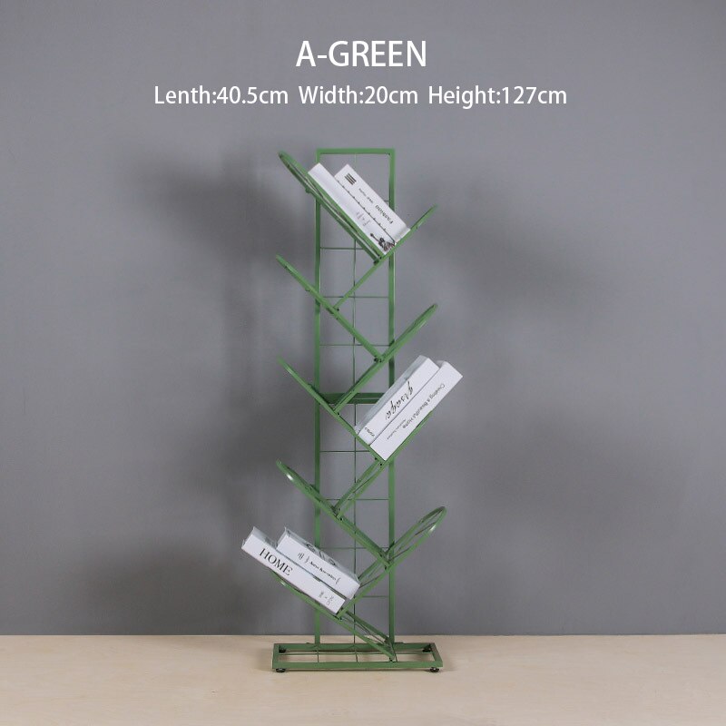Wrought Iron Tree-shaped Bookshelf Multi-layer Floor Bookcase For Living Room Study Office Simple Bookshelf: A-GREEN