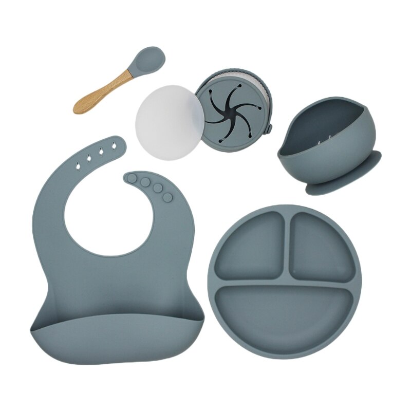 5 Pcs Baby Bibs Drooling Burp Aprons+Suction Dish Bowl+Sucker Dinner Plate+Spoon+Cup Set Silicone Tableware Kit: GB