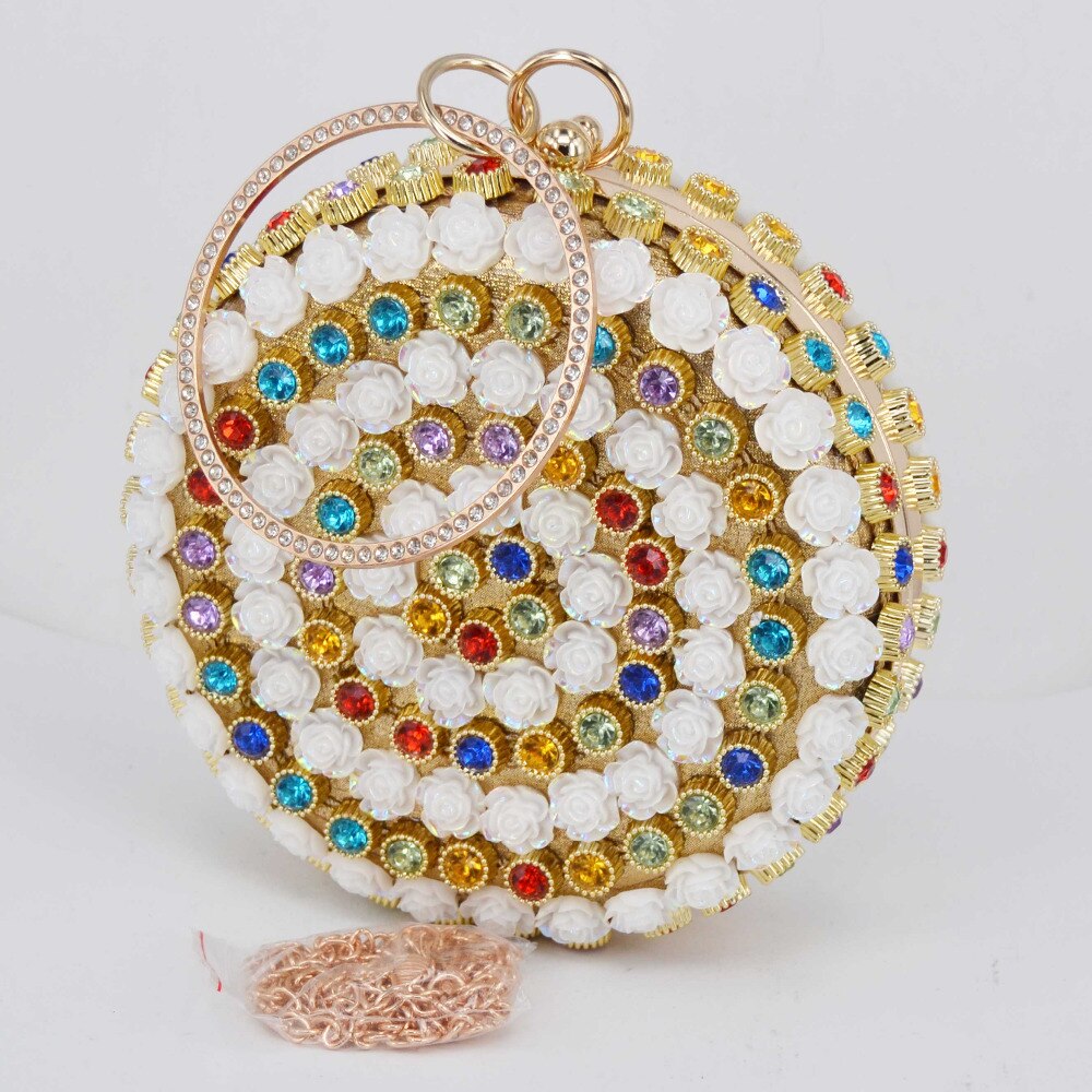 arrivé rond blanc fleur multicolore cristal femmes de mariage sac à main pochette femme bracelets dame sac de soirée