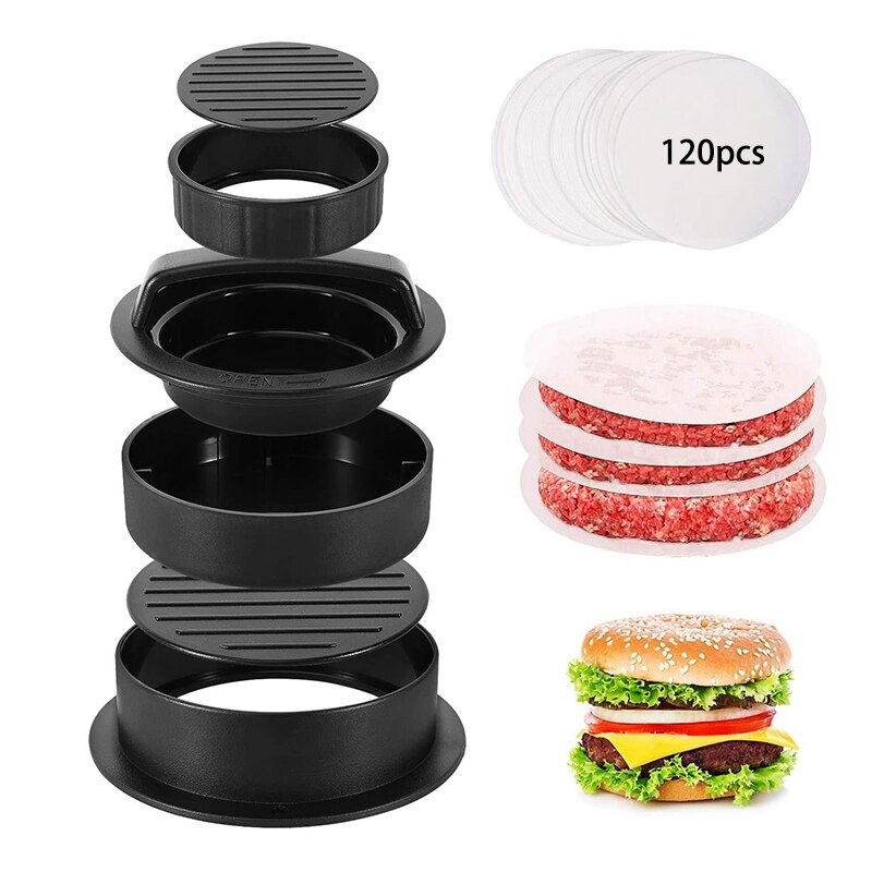 3 in 1 Burger Press Patty Stuffed Burger Maker with 120Pcs Burger Paper Non Stick Sliders Beef Burger Press - Black