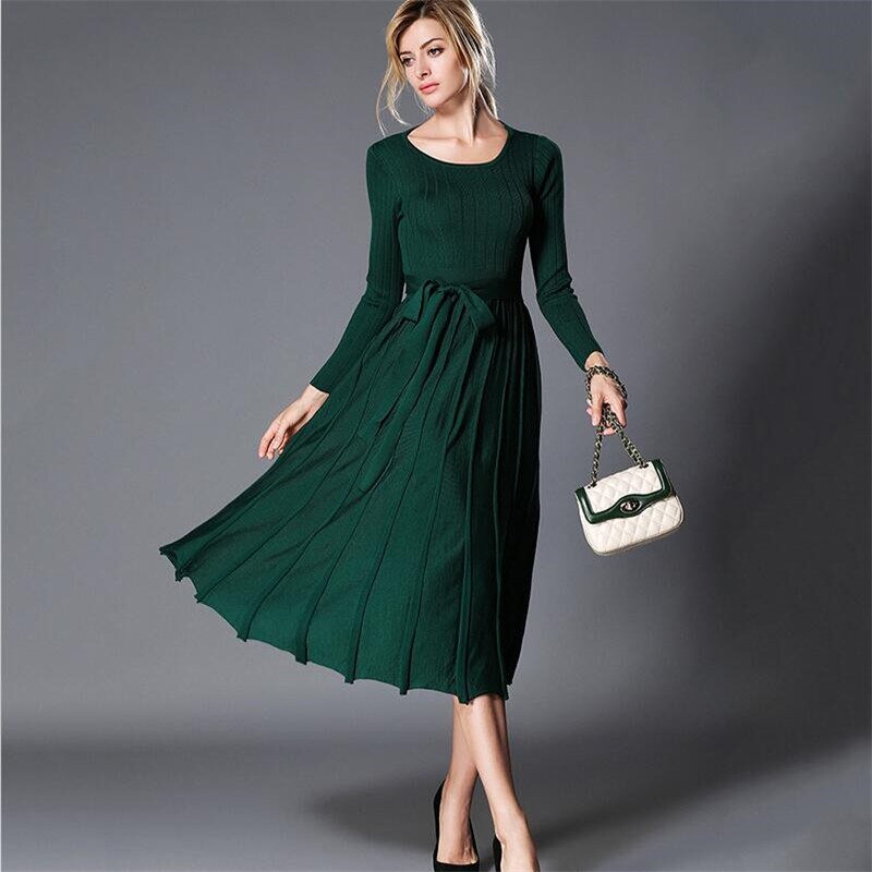 Women Autumn Spring Vintage Backless Bow Dress Long Sleeves Sliming Dress Women Pleated Tunic Vestidos Knitted Dresses