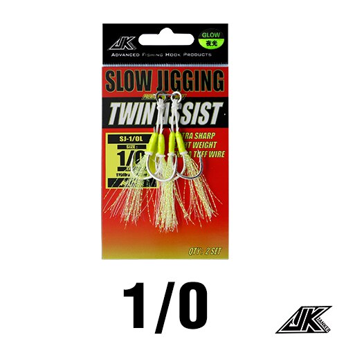 JK Fishing Hooks Sea Glow 1/0 2/0 3/0 4/0 Fish Assist Hook Twins Double Fishery Fishhooks Jig Slow Feather for Fishing Attract: SJ- 1 l 0
