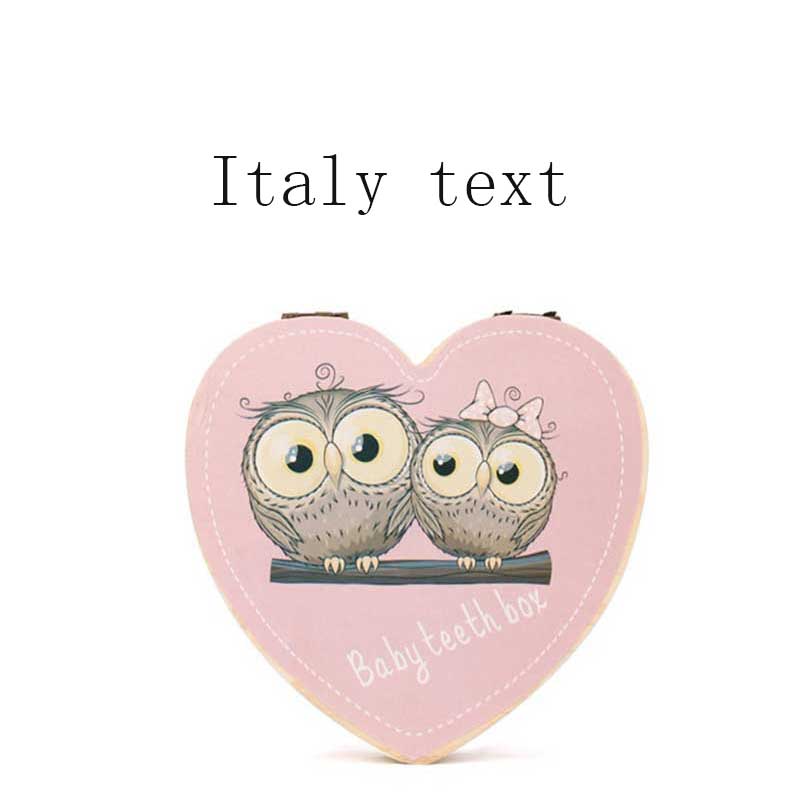Herz bilden Gefallenen Zahn Kasten Lagerung Englisch Spanisch Text Baby Junge Mädchen Holz fallen Sparen Sie Milch Zähne Sammlung Veranstalter Halfter: Italien A