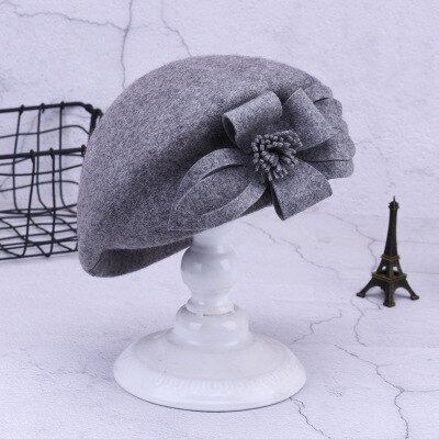 Autumn And Winter 100% Wool Berets Women Winter Felt Hats Lady French Beret Flower Wool Beret Caps: grey