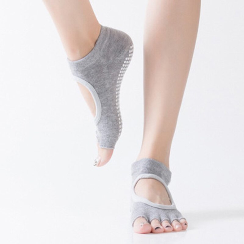 Damskie skarpetki robić jogi antypoślizgowe pięć palców bez pleców silikonowe antypoślizgowe 5 skarpetki z palcami balet siłownia sportowe poliestrowe skarpetki: Open toe lekki szary