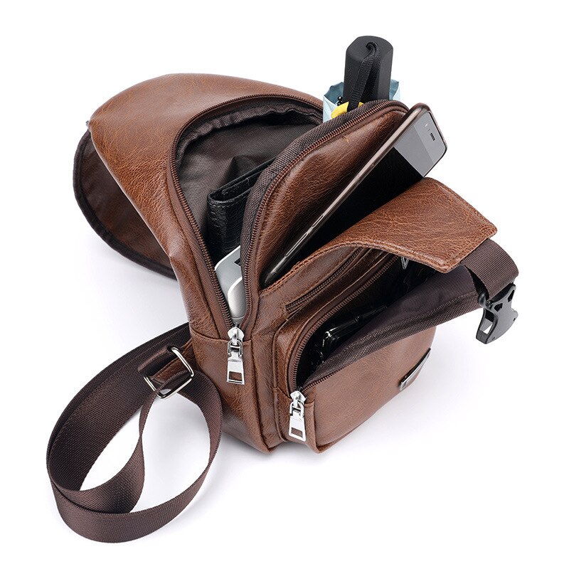 Men Back Pack Chest Pack Single Shouler Rucksack England Chest Bag Shoulder Cross Body PU Leather External USB Charger